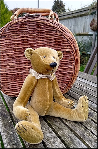 Augustus on the garden table with a picnic basket